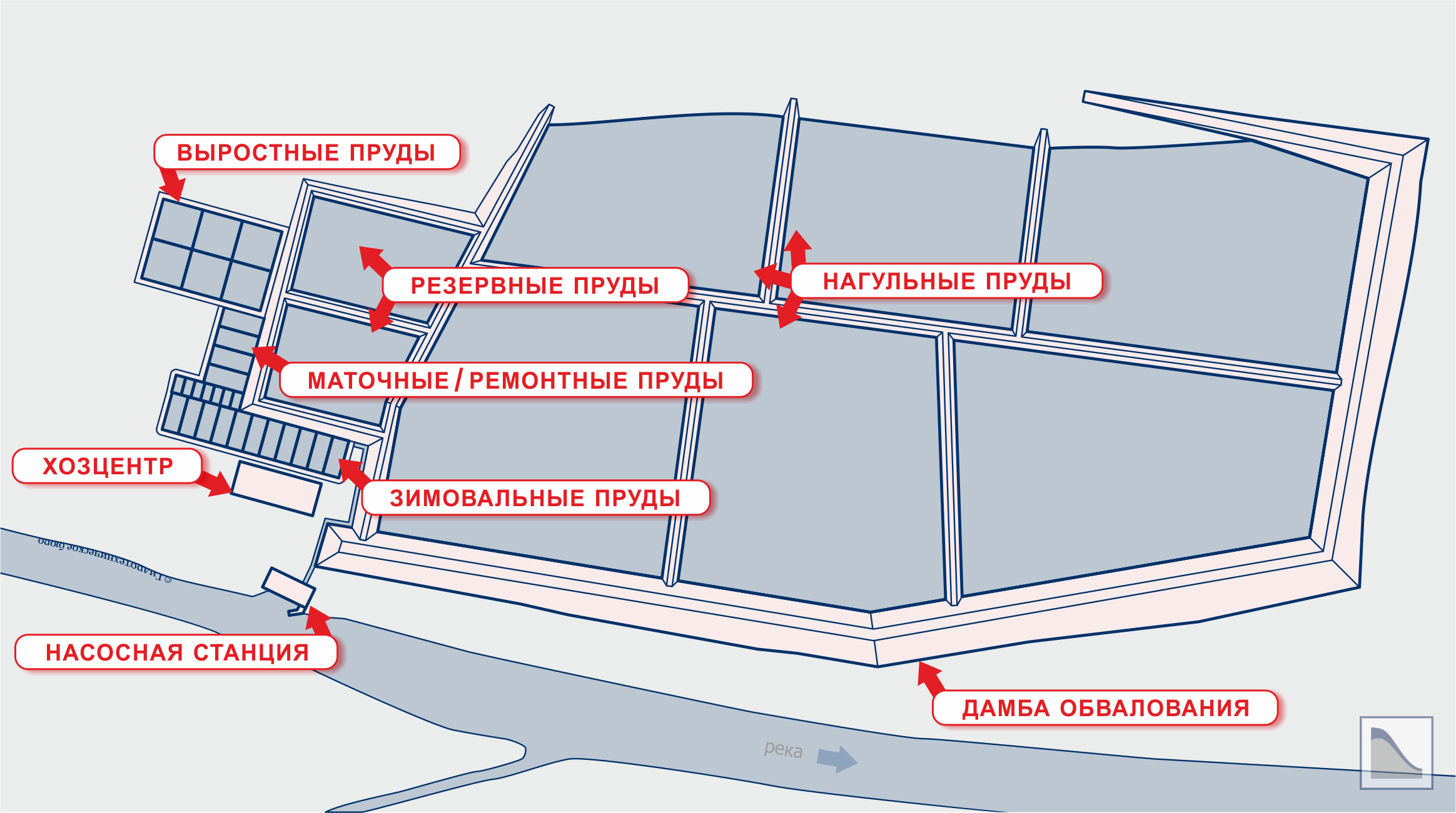 Обвалованная компоновка прудов рыбоводного хозяйства