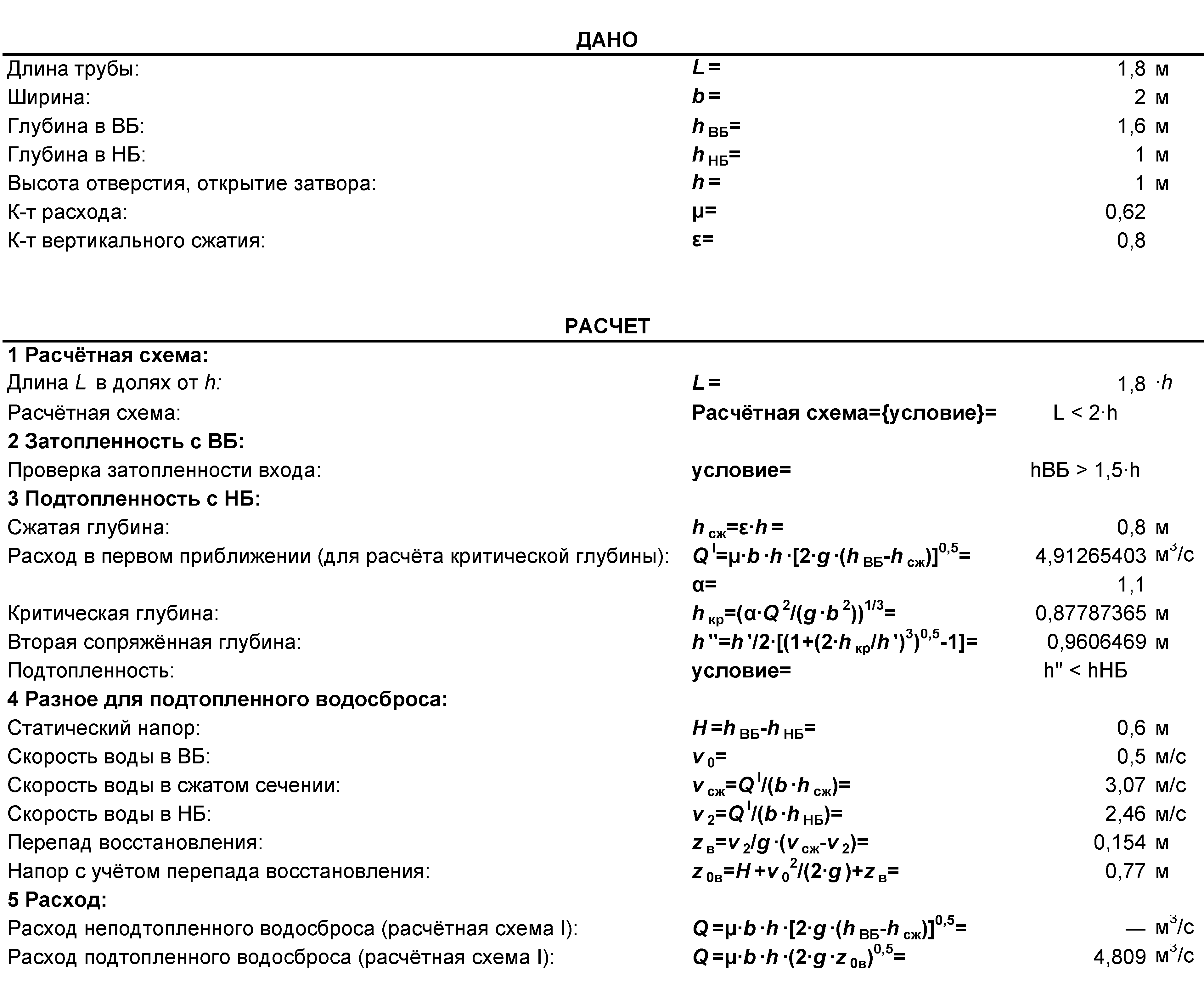 Схема расчета глубинного водосброса (отверстие)