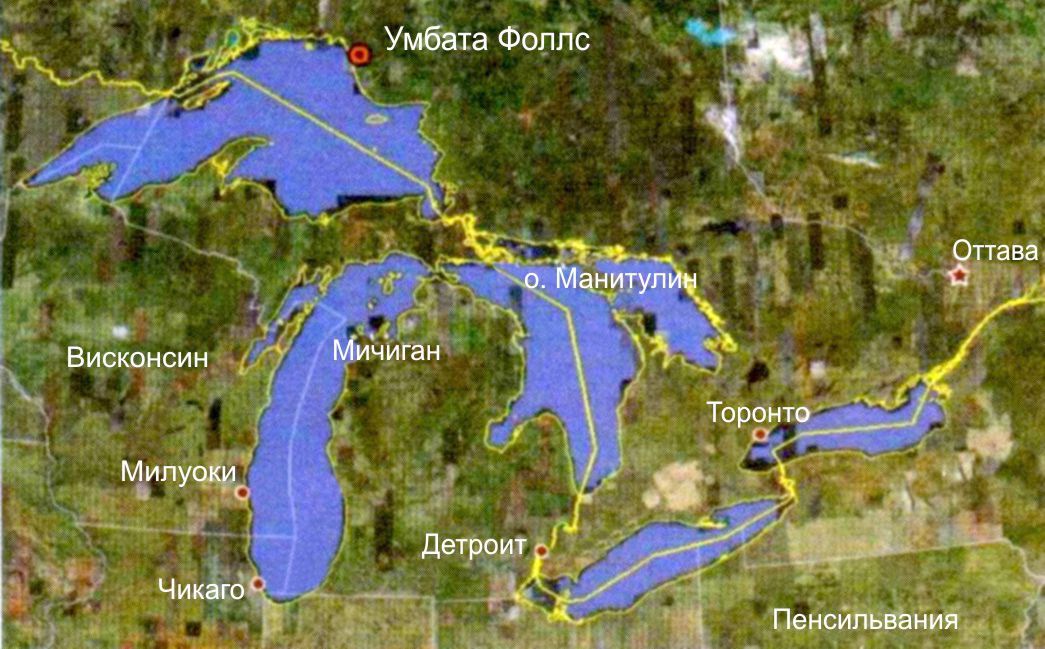 Местоположение ГЭС Умбата Фоллс на границе Канады и США