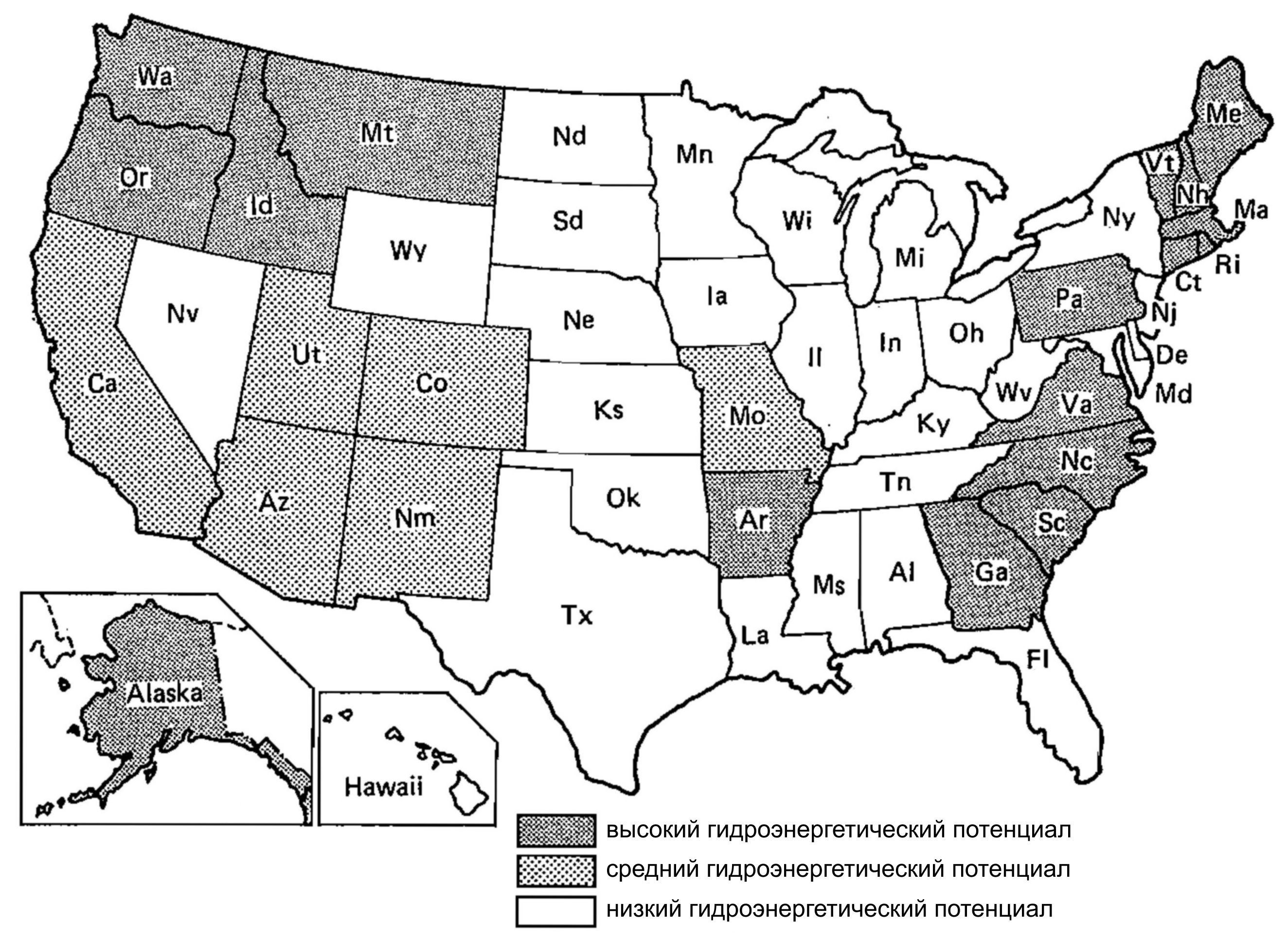 Распределение гидроэнергетического потенциала в США