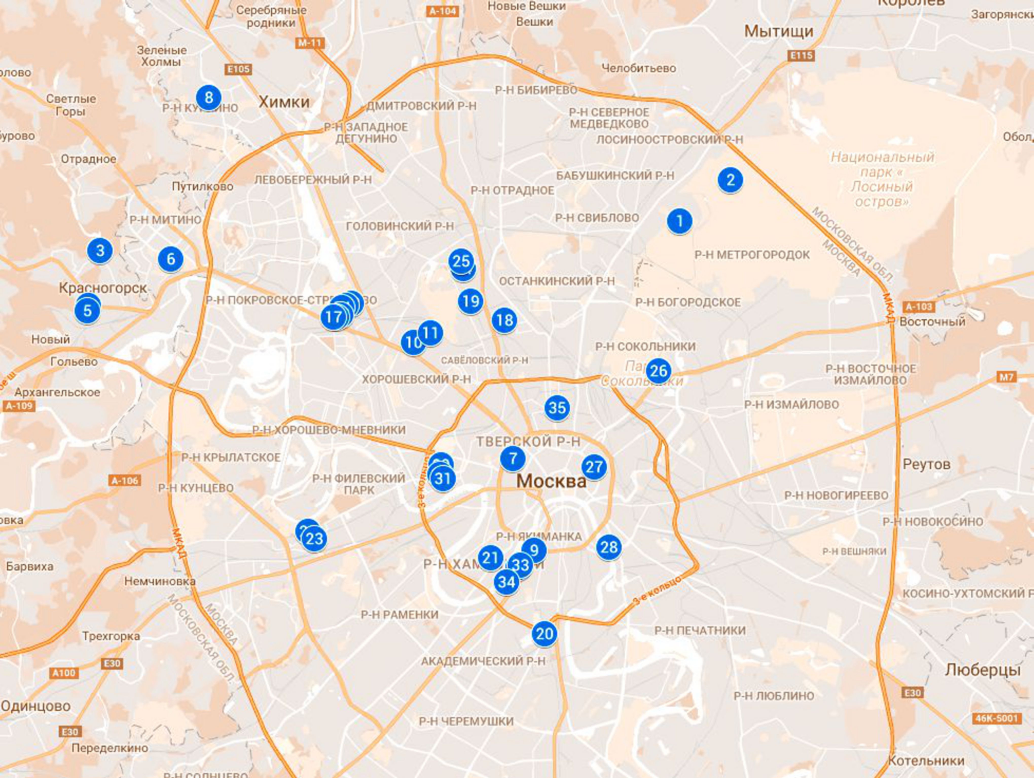 Схема расположения обследованных прудов на карте Москвы