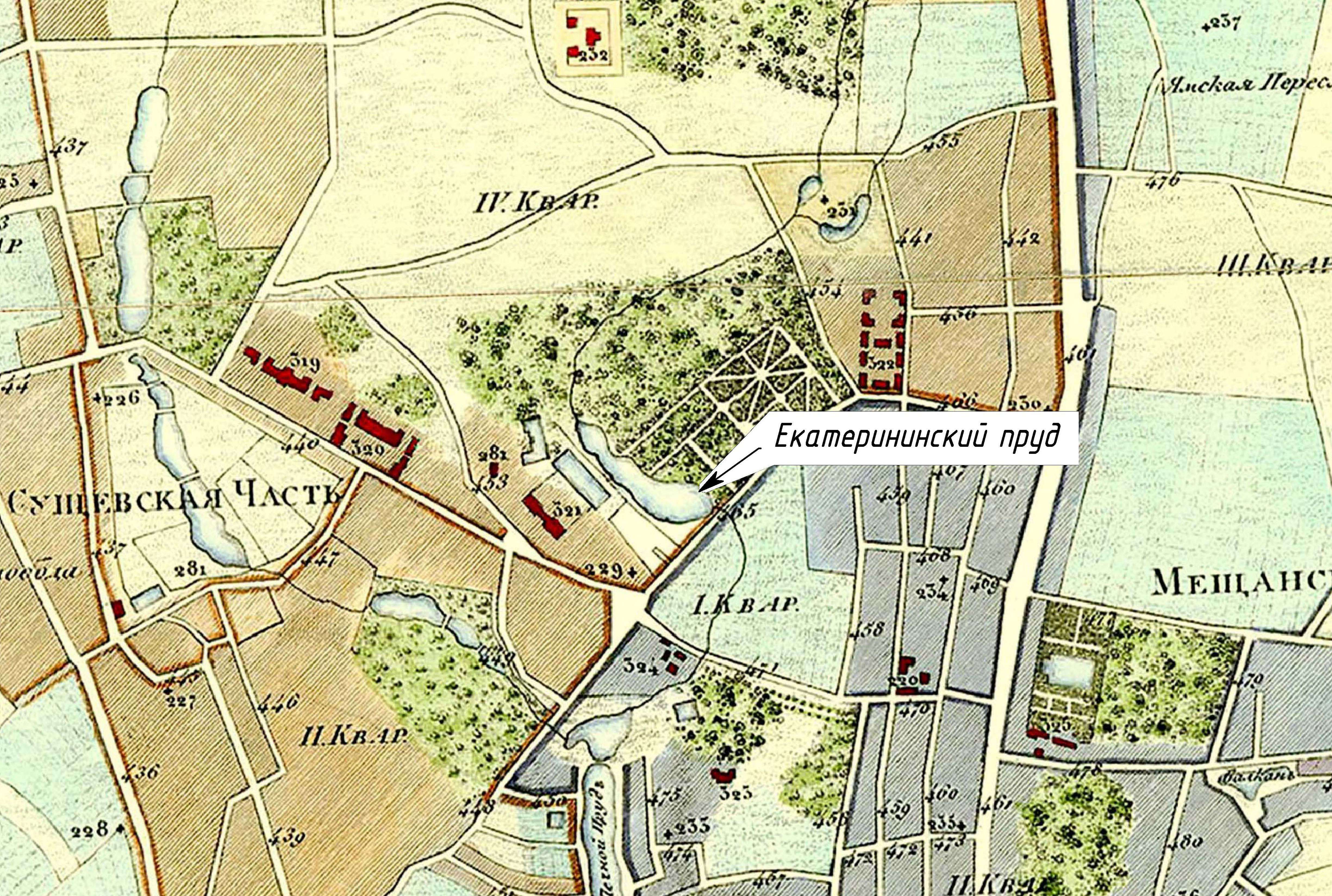 Расположение Екатерининского пруда на карте Москвы 1819 г.